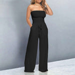 Women's Strapless Shirred Wide Leg Jumpsuit with Tie Waist & Pockets – Summer Jumpsuit