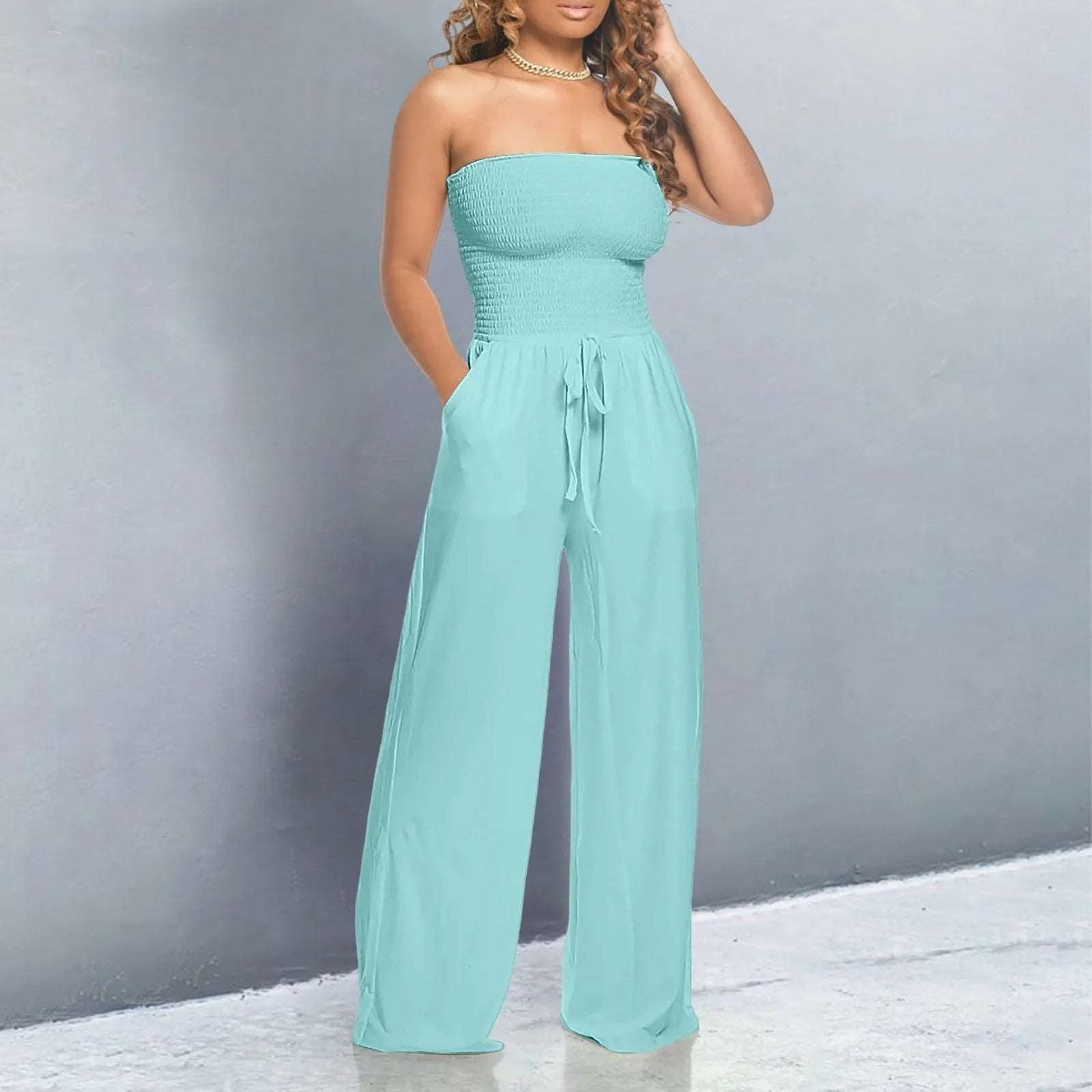 Women's Strapless Shirred Wide Leg Jumpsuit with Tie Waist & Pockets – Summer Jumpsuit