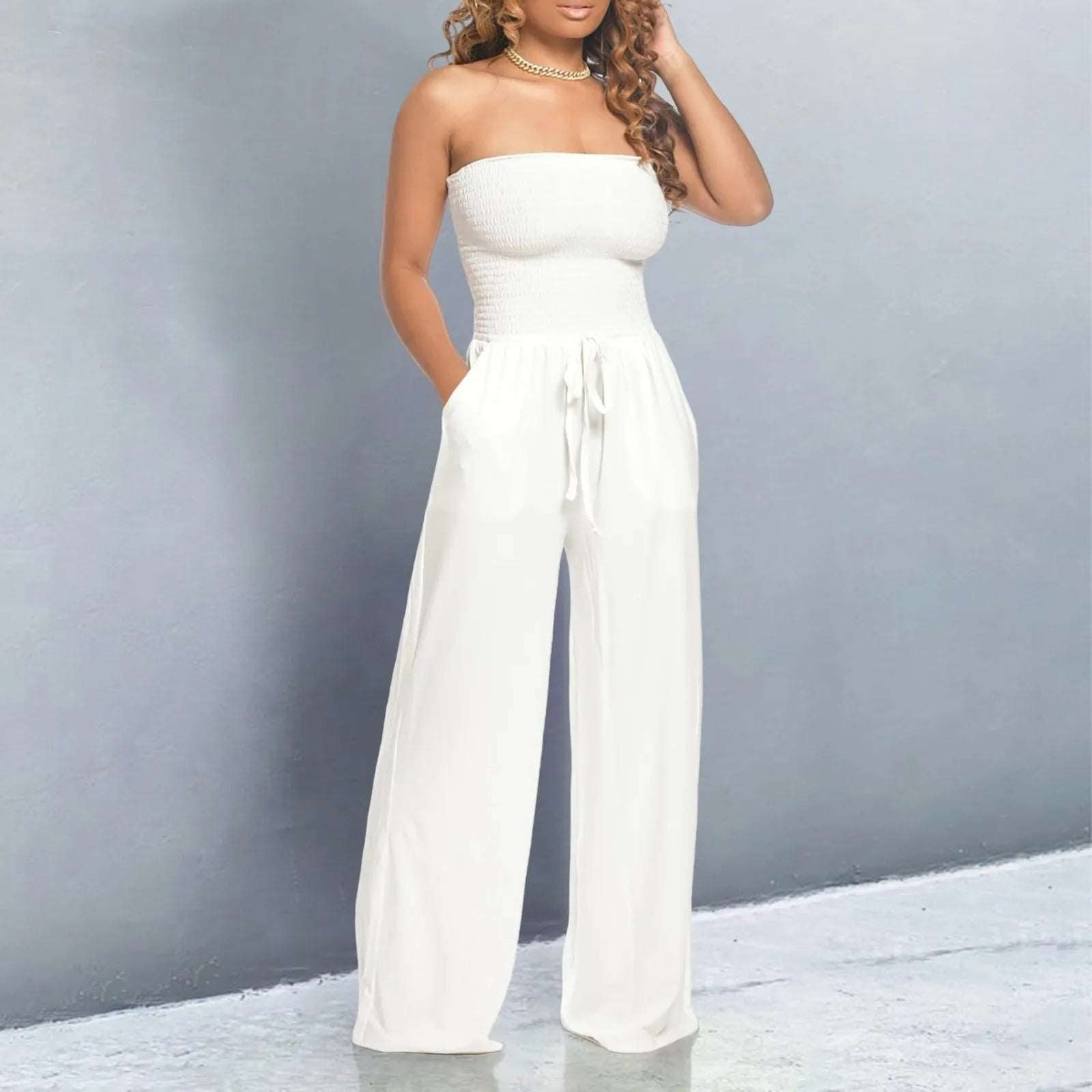 Women's Strapless Shirred Wide Leg Jumpsuit with Tie Waist & Pockets – Summer Jumpsuit