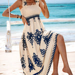 Women's Smocked Bodice Boho Maxi Dress – Printed Summer Dress with Square Straps