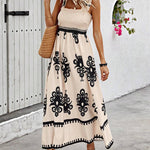 Women's Smocked Bodice Boho Maxi Dress – Printed Summer Dress with Square Straps