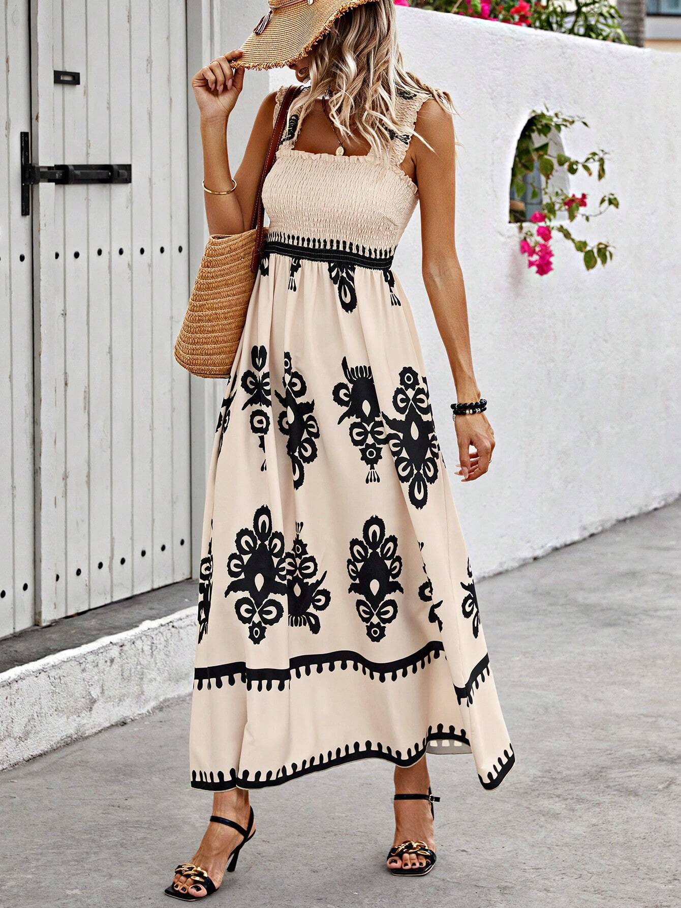 Women's Smocked Bodice Boho Maxi Dress – Printed Summer Dress with Square Straps
