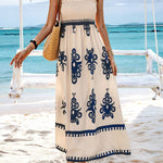 Women's Smocked Bodice Boho Maxi Dress – Printed Summer Dress with Square Straps