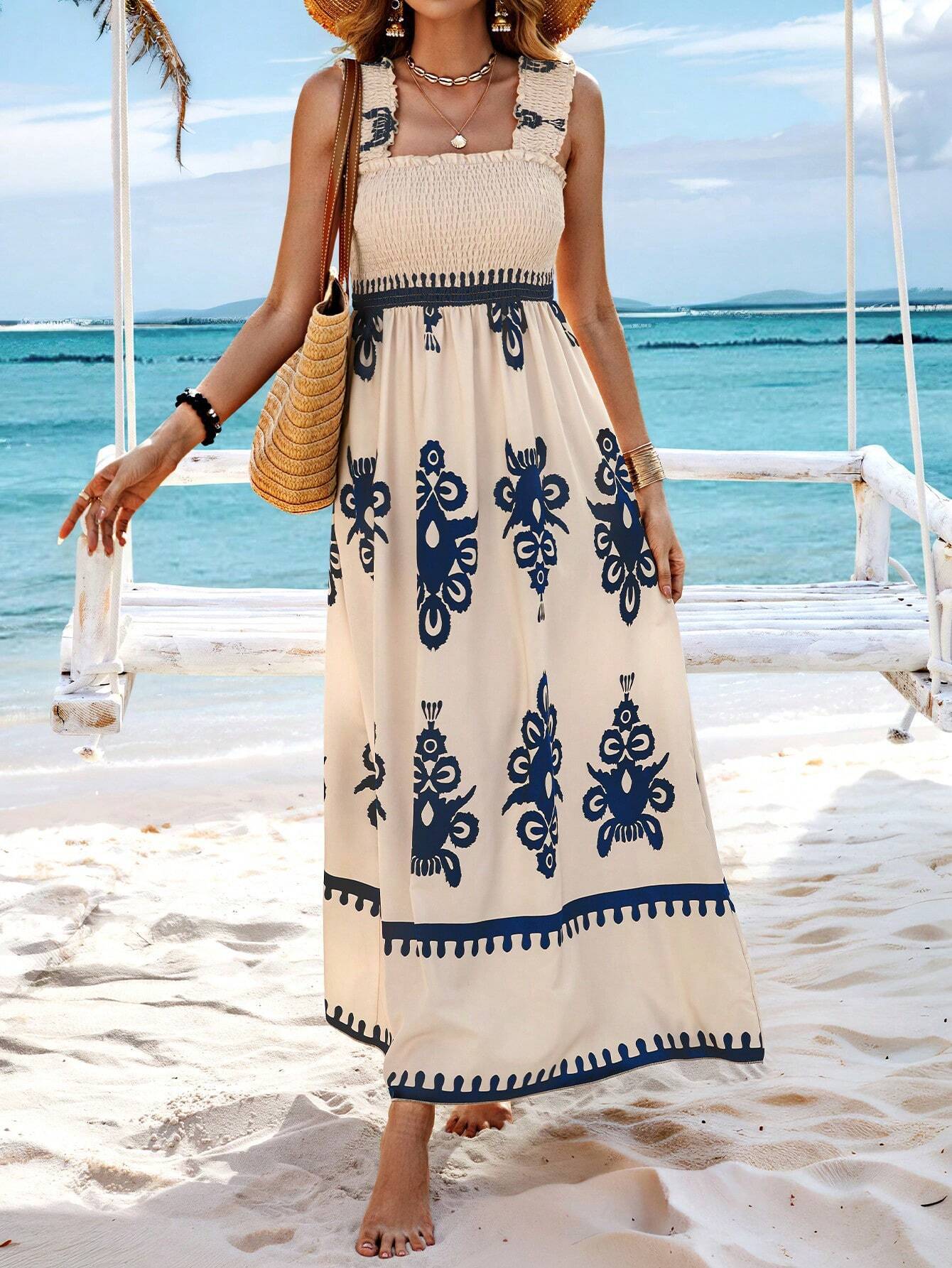 Women's Smocked Bodice Boho Maxi Dress – Printed Summer Dress with Square Straps