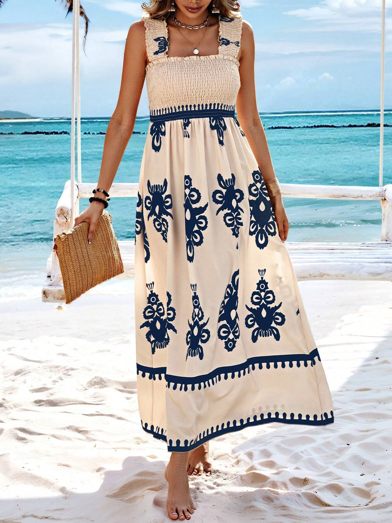 Women's Smocked Bodice Boho Maxi Dress – Printed Summer Dress with Square Straps