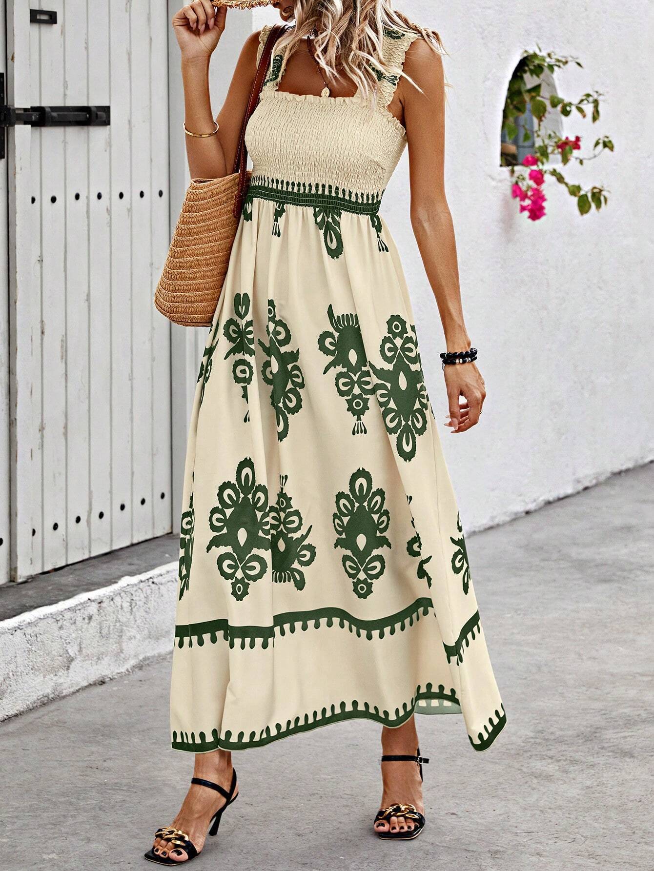 Women's Smocked Bodice Boho Maxi Dress – Printed Summer Dress with Square Straps
