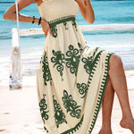 Women's Smocked Bodice Boho Maxi Dress – Printed Summer Dress with Square Straps
