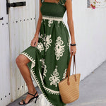 Women's Smocked Bodice Boho Maxi Dress – Printed Summer Dress with Square Straps