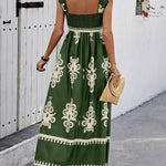 Women's Smocked Bodice Boho Maxi Dress – Printed Summer Dress with Square Straps