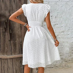 Women's Eyelet V-Neck Midi Dress with Smocked Waist & Tiered Skirt – Summer Day Dress