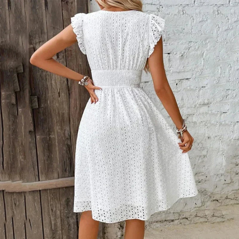 Women's Eyelet V-Neck Midi Dress with Smocked Waist & Tiered Skirt – Summer Day Dress