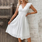 Women's Eyelet V-Neck Midi Dress with Smocked Waist & Tiered Skirt – Summer Day Dress