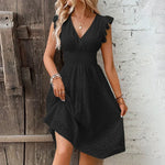 Women's Eyelet V-Neck Midi Dress with Smocked Waist & Tiered Skirt – Summer Day Dress