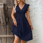 Women's Eyelet V-Neck Midi Dress with Smocked Waist & Tiered Skirt – Summer Day Dress