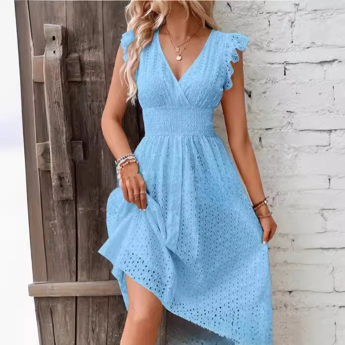 Women's Eyelet V-Neck Midi Dress with Smocked Waist & Tiered Skirt – Summer Day Dress
