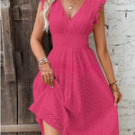 Women's Eyelet V-Neck Midi Dress with Smocked Waist & Tiered Skirt – Summer Day Dress