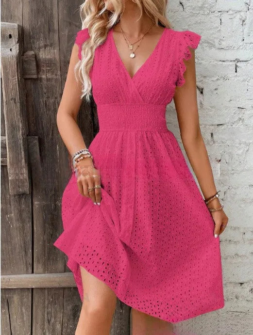 Women's Eyelet V-Neck Midi Dress with Smocked Waist & Tiered Skirt – Summer Day Dress