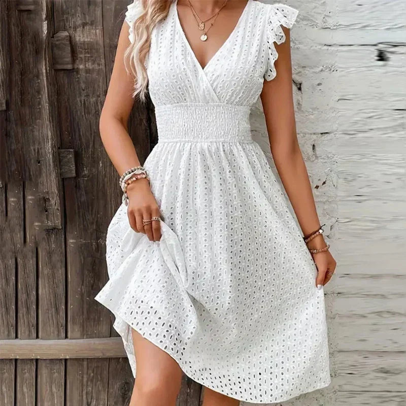 Women's Eyelet V-Neck Midi Dress with Smocked Waist & Tiered Skirt – Summer Day Dress