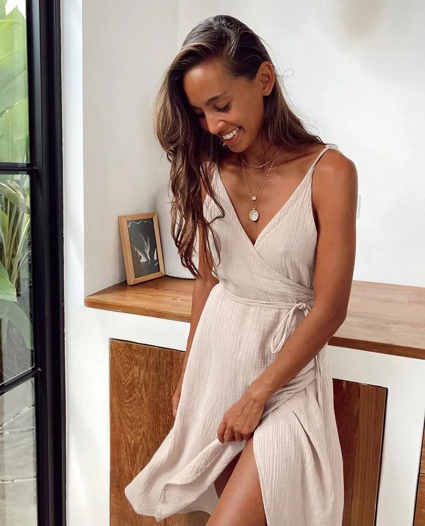 Women's Wrap Front V-Neck Summer Dress with Tie Waist and Spaghetti Straps – Casual Daywear