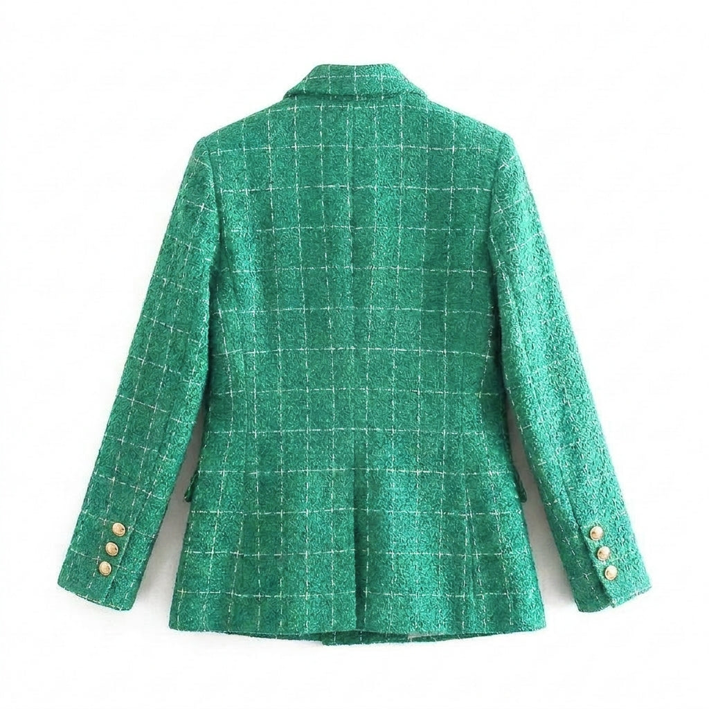 Women's Boucle Double-Breasted Blazer with Peak Lapel & Welt Pockets – Fitted Workwear Jacket