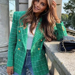 Women's Boucle Double-Breasted Blazer with Peak Lapel & Welt Pockets – Fitted Workwear Jacket