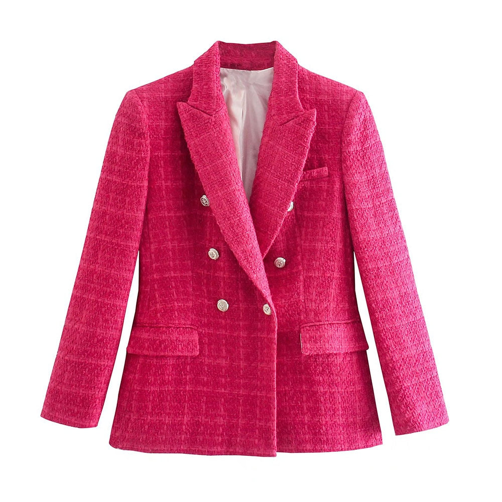 Women's Boucle Double-Breasted Blazer with Peak Lapel & Welt Pockets – Fitted Workwear Jacket