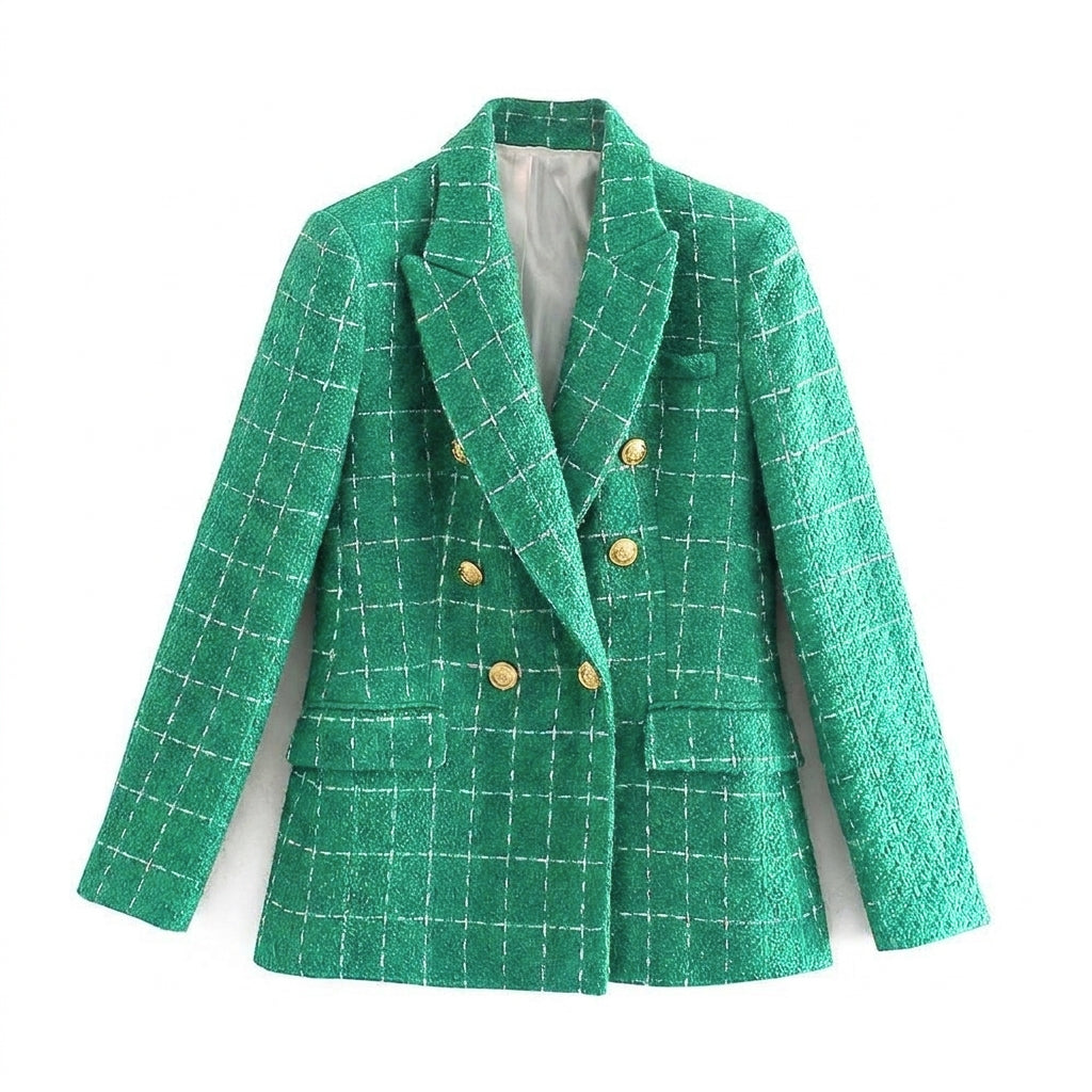 Women's Boucle Double-Breasted Blazer with Peak Lapel & Welt Pockets – Fitted Workwear Jacket