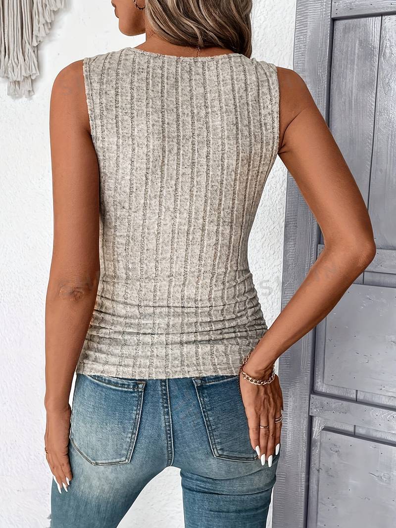 Women's Ribbed Square Neck Tank Top with Ruched Sides – Fitted Casual Summer Top
