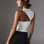Women's Asymmetric Neckline Cropped Tank Top with Cutout – Ruched White Summer Top