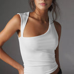 Women's Asymmetric Neckline Cropped Tank Top with Cutout – Ruched White Summer Top