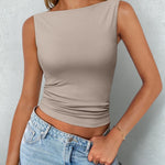 Women's Cropped Boat Neck Tank Top – Fitted Ruched Sleeveless Summer Top