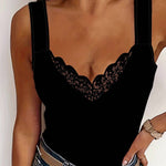 Women's V-Neck Tank Top with Floral Lace Trim – Fitted Wide Strap Summer Top