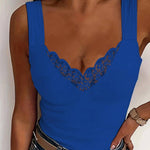 Women's V-Neck Tank Top with Floral Lace Trim – Fitted Wide Strap Summer Top