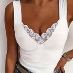 Women's V-Neck Tank Top with Floral Lace Trim – Fitted Wide Strap Summer Top