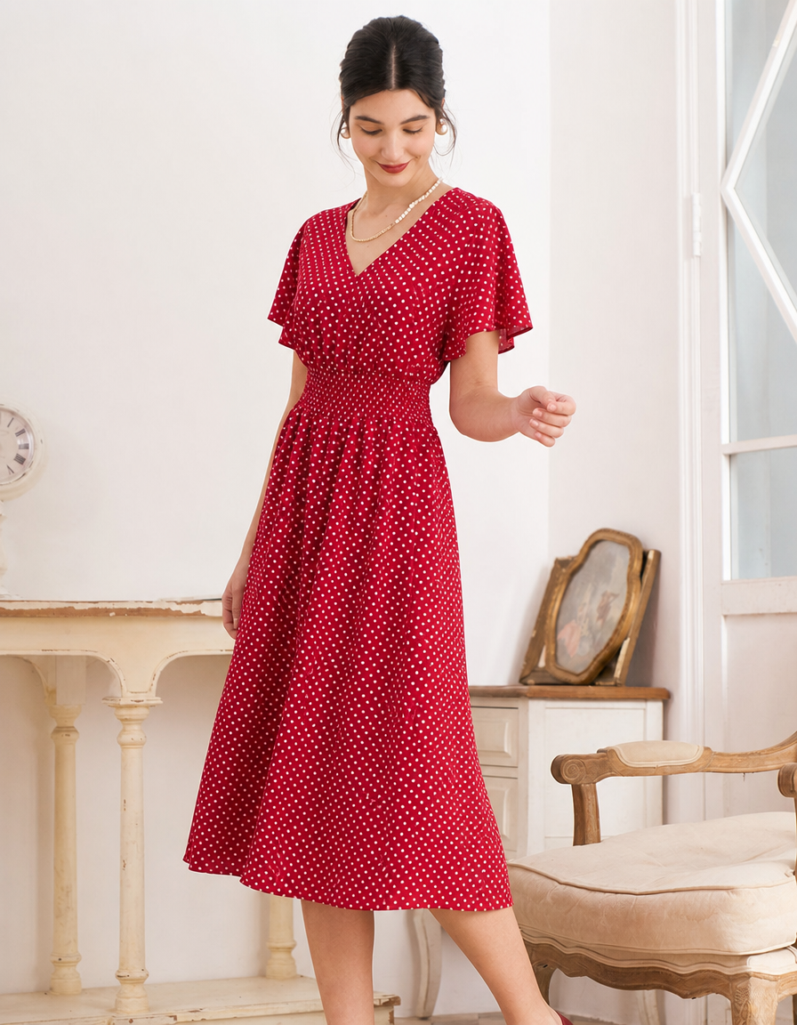 Women's Polka Dot Wrap Midi Dress – Wedding Guest & Garden Party Dress