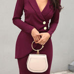 Women's Lapel Bodycon Midi Work Dress – V-Neck Tailored Office Dress with Buttons