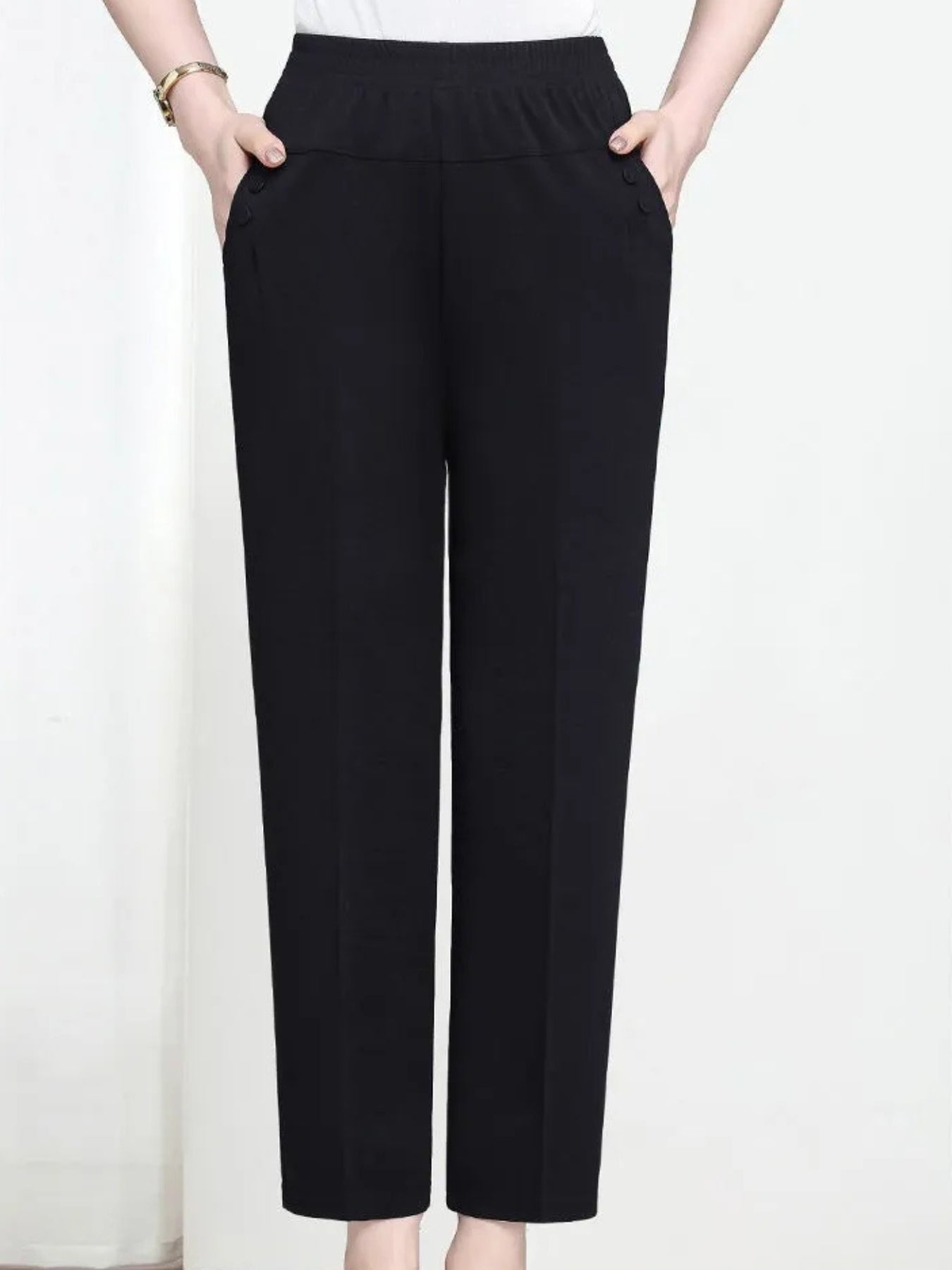 Women's Pull-On Work Pants with Elastic Waist and Pockets – Ankle Length Straight Leg Pants