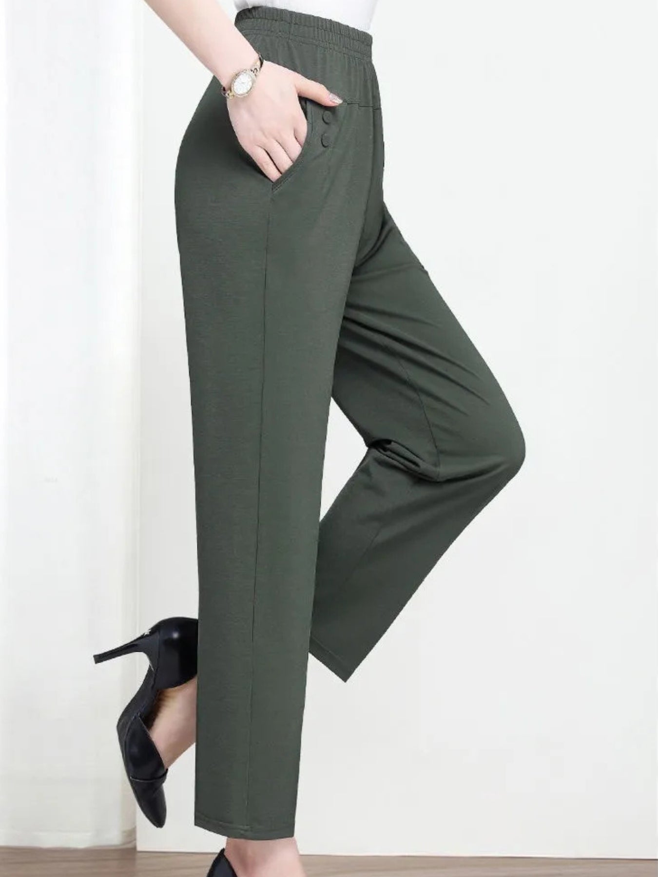 Women's Pull-On Work Pants with Elastic Waist and Pockets – Ankle Length Straight Leg Pants