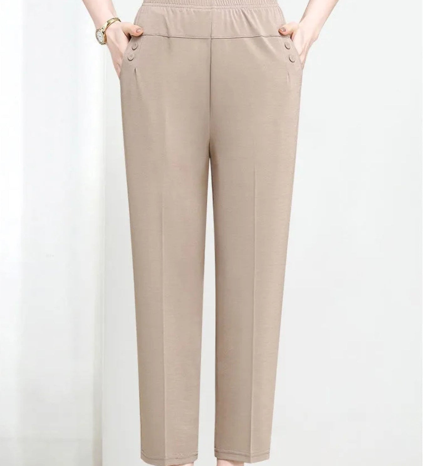 Women's Pull-On Work Pants with Elastic Waist and Pockets – Ankle Length Straight Leg Pants