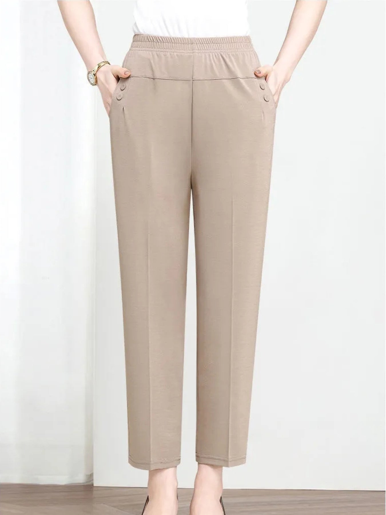 Women's Pull-On Work Pants with Elastic Waist and Pockets – Ankle Length Straight Leg Pants