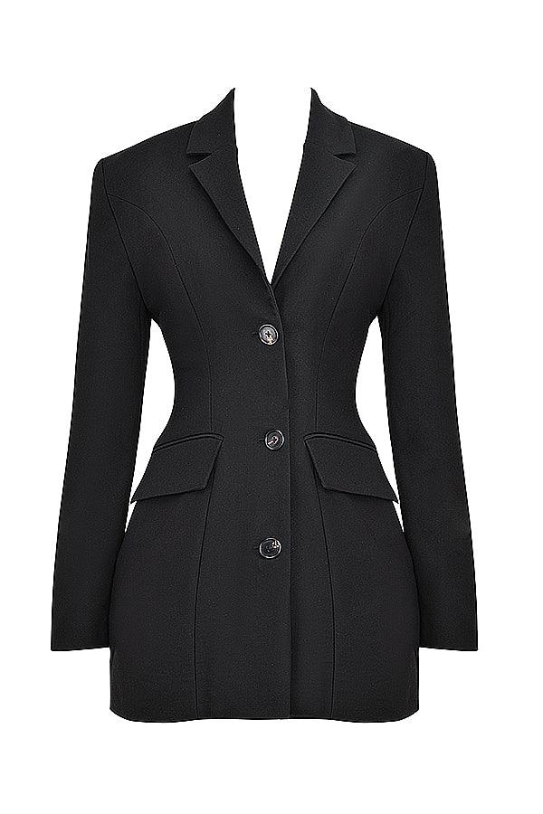Women's Blazer Mini Dress with Puff Shoulders & Button Front – Tailored Workwear Dress