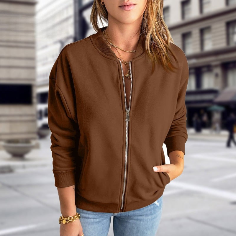 Women's Zip-Up Bomber Jacket with Rib Collar & Pockets – Casual Everyday Layer