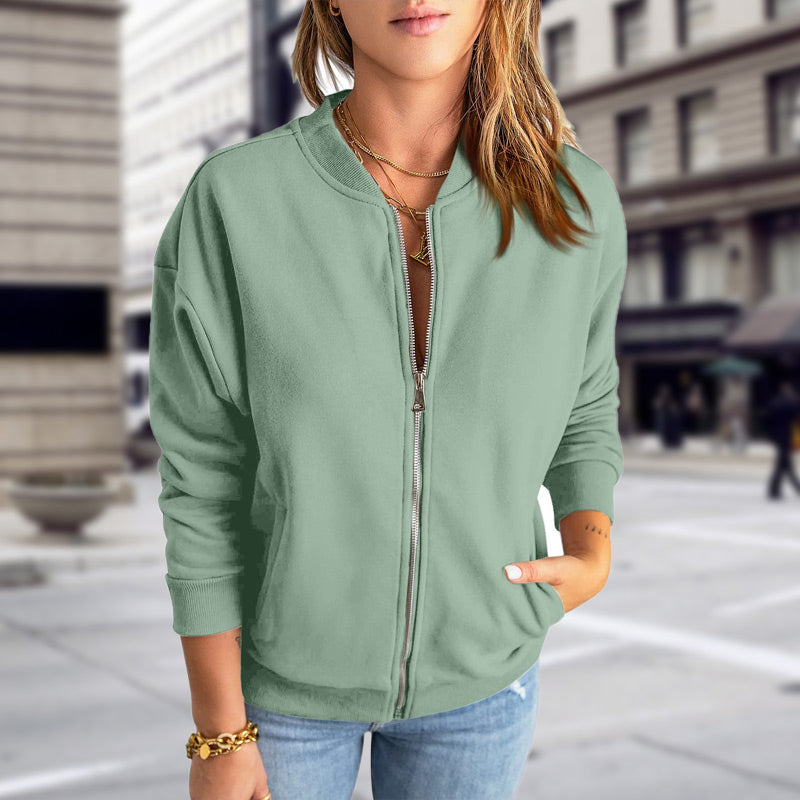 Women's Zip-Up Bomber Jacket with Rib Collar & Pockets – Casual Everyday Layer