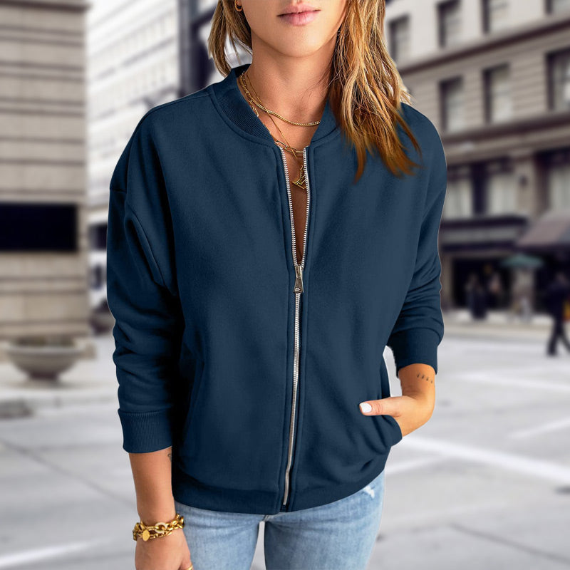 Women's Zip-Up Bomber Jacket with Rib Collar & Pockets – Casual Everyday Layer
