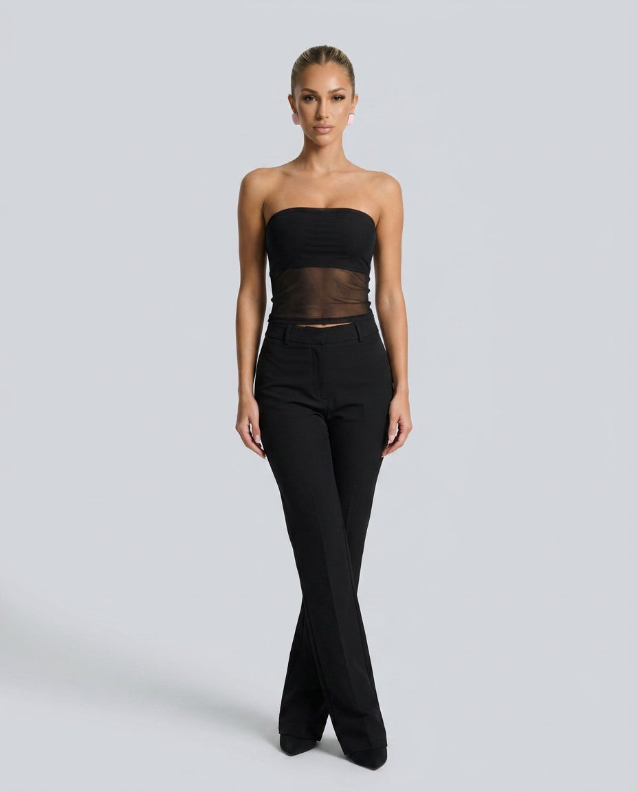 Women's Strapless Mesh Panel Crop Top – Fitted Bandeau Tube Top for Evening