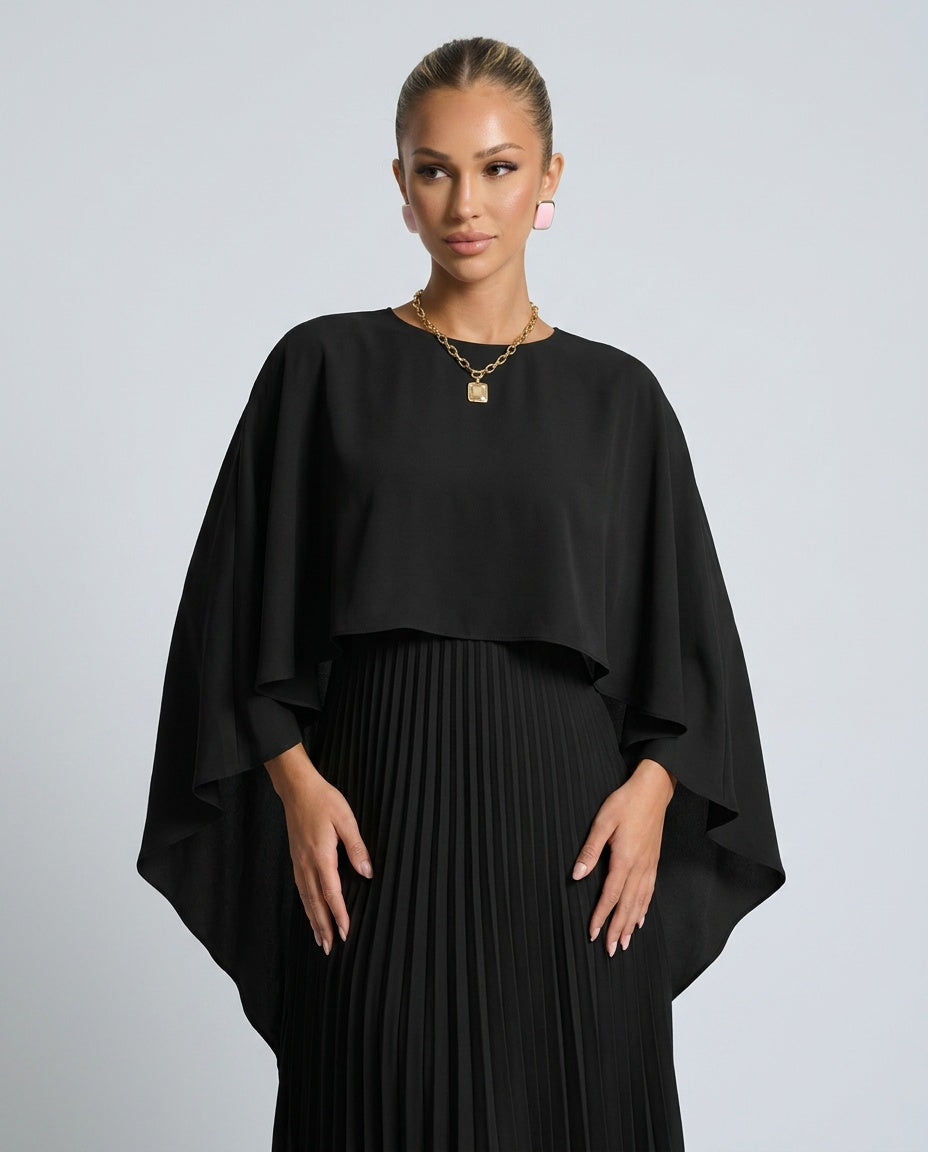 Women's Pleated Maxi Dress with Cape Overlay – Elegant Evening & Wedding Guest Dress