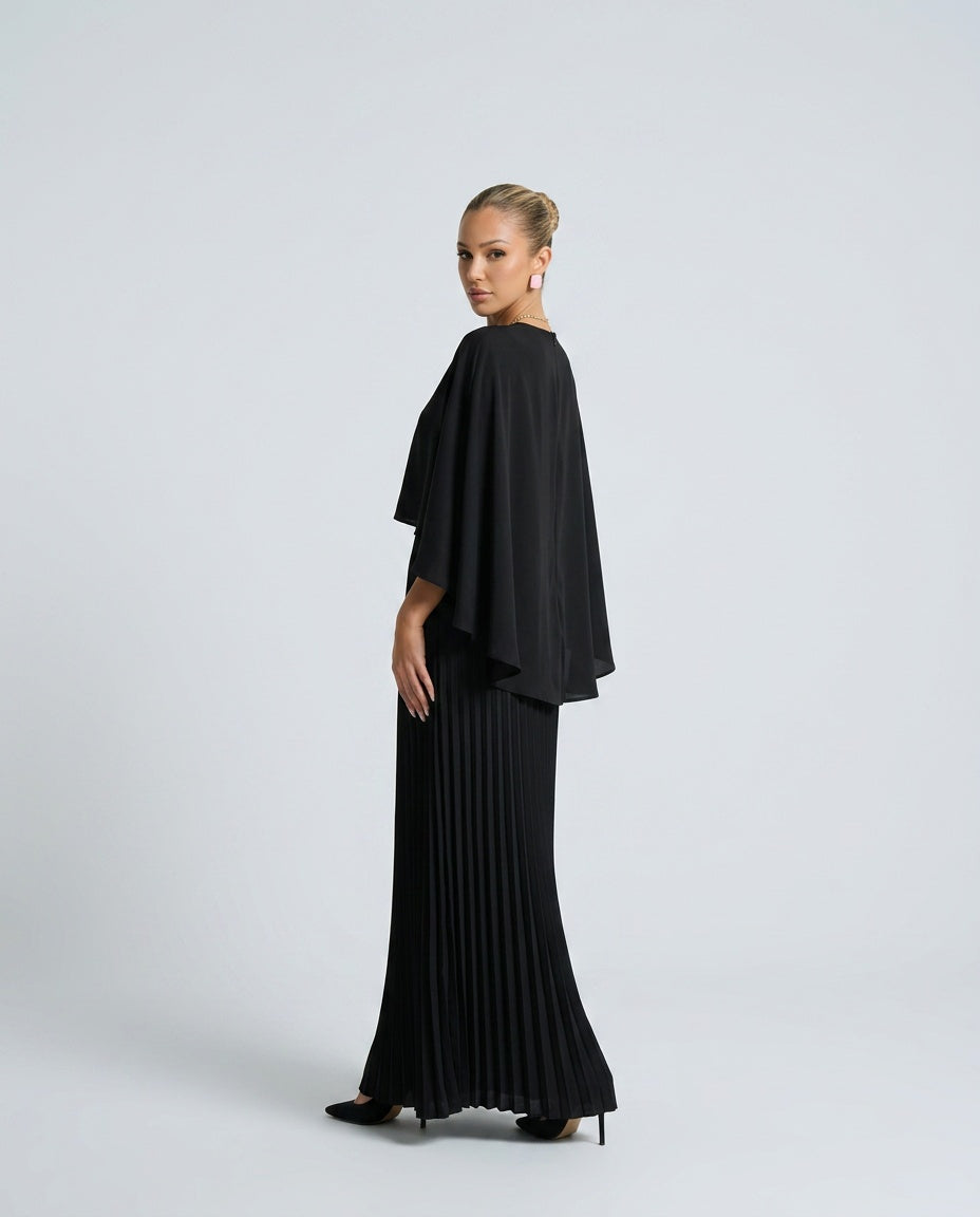 Women's Pleated Maxi Dress with Cape Overlay – Elegant Evening & Wedding Guest Dress
